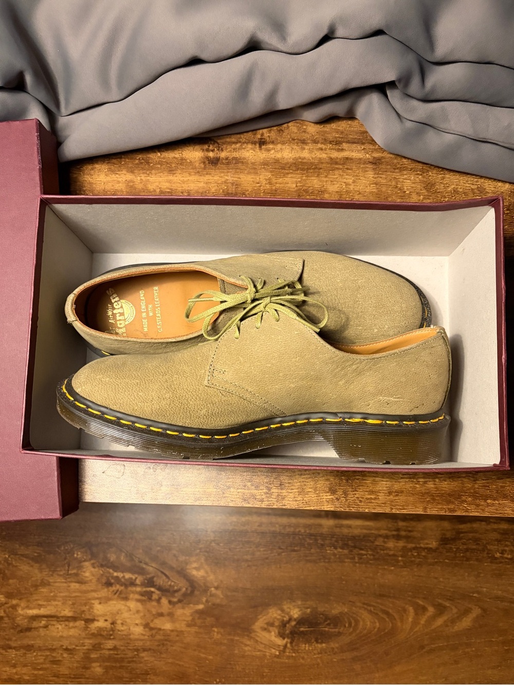 Dr. Martens Olive Suede 3-Eye Derby with Yellow Stitching